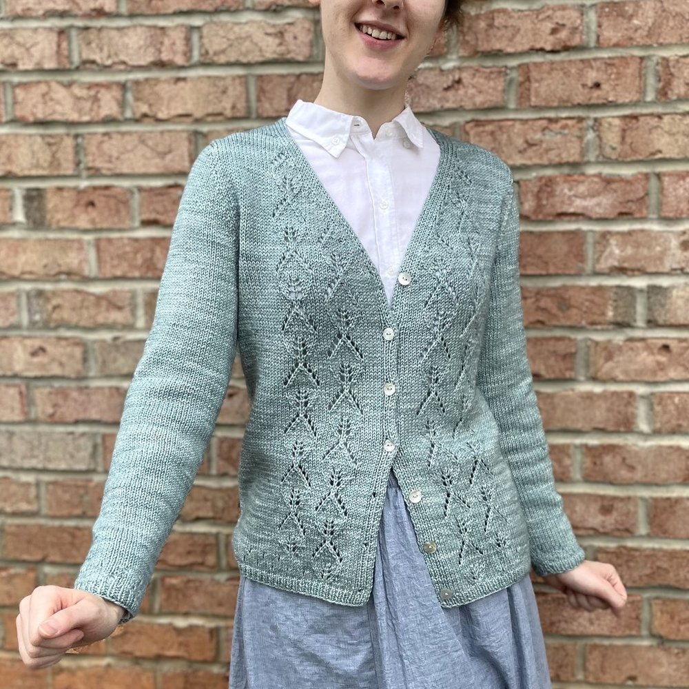 Cardigan Sweater with Leaf Lace Design, Hand Knit, Merino Wool Cashmere Womens M